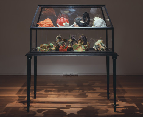 Fiona Hall Understorey, 1999-04; Glass beads, silver wire, plastic; vitrine dimensions: 176 x 150 x 87cm; enquire