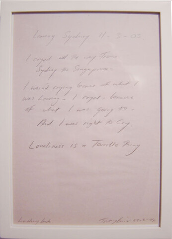 Tracey Emin LEAVING SYDNEY (detail), 2003; 3 Polaroid photographs and ink on A4 paper; 10 x 10 cm (each polaroid) and 26.5 x 25.5 cm (each polaroid frame)29.5 x 21 cm (text paper) and 33.5 x 24.7 cm (text frame); enquire