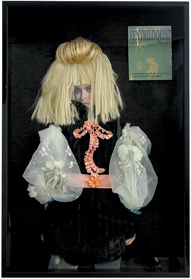 Jacqueline Fraser The Ventriloquist says, 2005; pleated taffeta ribbon, water stain ribbon, faux fur, French embroidered organza, wig, back light photo, French silk brocade; 125 x 85.5 x 16 cm; enquire