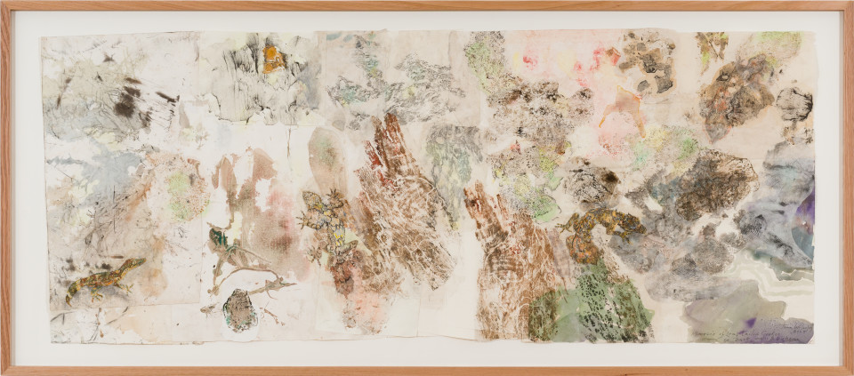 John Wolseley Mimesis - Leaf-tailed geckos on bark, moss and lichen I, 2025; watercolour, graphite, charcoal, frottage and nature prints on paper; 80 x 200 cm; 97 x 221 cm (framed); enquire