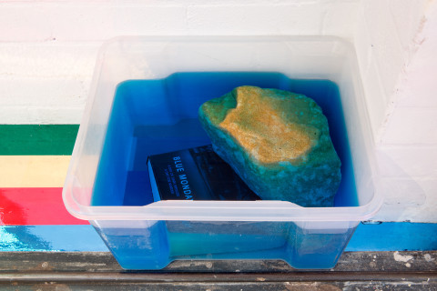 Jim Lambie Blue Monday, 2015; colour dyed water, book, stone, plastic box; 26 x 45 x 36 cm; enquire