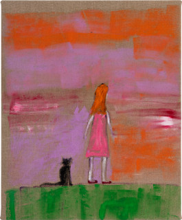 Jenny Watson Girl with black cat, 2026; acrylic and Japanese pigment on rabbit skin glue primed Belgian linen; 76 x 62.5 cm; more info; enquire