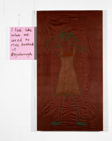 Jenny Watson Despair, 1992; Oil on taffeta with netting and sequins plus synthetic polymer paint on stretcher; 145cm x 78cm; 40.5cm x 30.5cm; enquire
