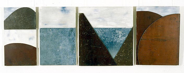 Rosalie Gascoigne Suddenly the Lake, 1995; tin, marine ply and wood; 4 panels: 129 x70cm, 129 x 79cm, 131 x 119cm, 130 x 194cm; enquire