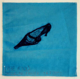 Jacqueline Fraser >, 2002; from the series Jacqueline Fraser 14.7.2002 Parisian Fabric Drawings; Oil stick on blue water stained taffeta; 32 x 32 cm; enquire