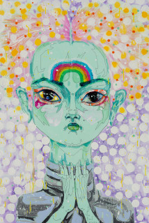 Del Kathryn Barton the final scene (detail), 2022; acrylic and archival spray paint on linen, hand finished frame; 109.5 x 88.5 cm; enquire