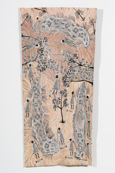 Yalmakany Marawili Women Harvesting Lillies, 2025; 1894-25; earth pigments on stringybark; 169 x 78 cm; enquire
