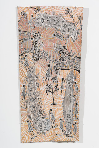 Yalmakany Marawili Women Harvesting Lillies, 2025; 1894-25; earth pigments on stringybark; 169 x 78 cm; more info; enquire