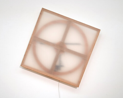 Marley Dawson Jesse, 2009; timber, mechanics, polyester resin on polyester fabric, electronics, mild steel; 105 x 105 x 6.5 cm; enquire