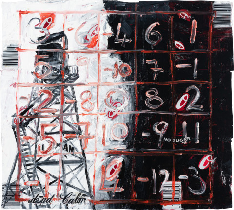 Fiona Hall Counting For Nothing 4, 2024; oil paint on aluminium drink cans; approx. 30.5 x 33.5 cm; enquire