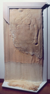 Heather Dorrough Sandcast with fibre, 1985; plaster, sand, fibre and timber on particle board; 176 x 98 x 73 cm; enquire