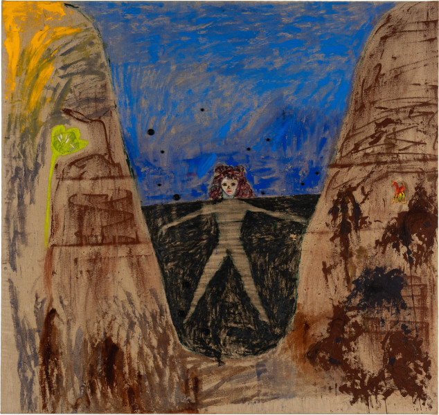 Jenny Watson Woman in a hole, 1990; oil, Indian pigments, haberdashery and collage on Belgian linen; 173.5 x 183 cm; enquire