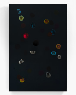 Jim Lambie October 1983, 
Beneath the darkest blue, 
Among the trees and night and air, 
We drank the stars undone, 2026; resin, sunglasses lens, birch plywood, paint; 91.5 x 61 x 5 cm; enquire