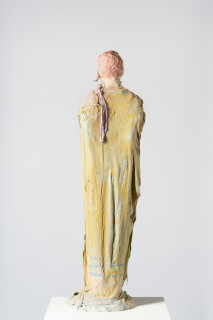 Linda Marrinon Woman with robe and pink ribbon, 2025; tinted and painted plaster with muslin; 110 x 30 x 25 cm; enquire