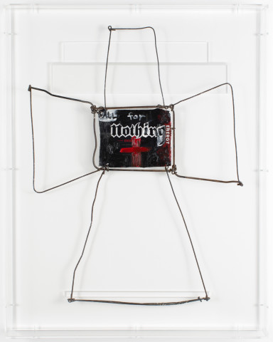 Fiona Hall zero sum, 2017; aluminum can, tin, wire, paint; 62.5 x 51 x 7 cm; enquire