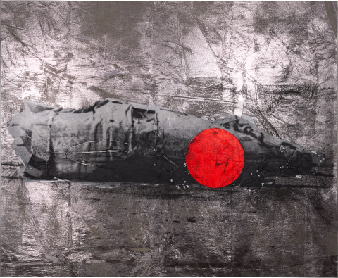 Brook Andrew Fuselage (white body), 2018; ink, acrylic paint, linen; 130 x 159 x 5 cm; enquire