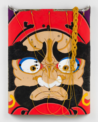Claire Healy and Sean Cordeiro Daruma, 2020; Kiowa FWD helicopter shell assembly, acrylic gouache, polyester line; 157 x 125 x 14 cm; more info; enquire
