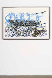 installation view; Dhambit Munuŋgurr Turtle Hunters, 2024; 3637-24; acrylic on paper; 81.5 x 121 cm; enquire