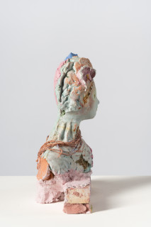 Linda Marrinon Woman with coral necklace, 2025; tinted and painted plaster, hessian and terracotta; 36 x 27 x 13 cm; enquire