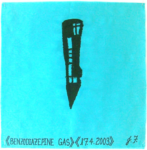 Jacqueline Fraser Benzodiazepine Gas >, 2003; from the series AN ELEGANT PORTRAIT REFINED IN ELEVEN STUDIOUS PARTS >; oil stick on fabric (framed); 32 x 32 cm; enquire