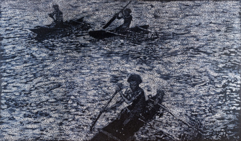 Daniel Boyd Untitled (tsotoaat), 2019; oil, acrylic and archival glue on linen; 205 x 335 cm; enquire