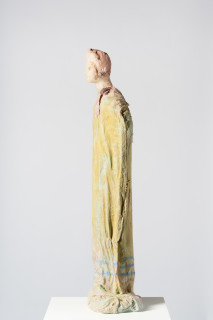 Linda Marrinon Woman with robe and pink ribbon, 2025; tinted and painted plaster with muslin; 110 x 30 x 25 cm; enquire