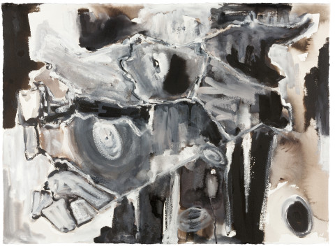 Fiona Hall Cage (Syria map 2), 2017; Cat no. 42; gouche and tapa dye on rag paper; 57 x 76 cm; enquire