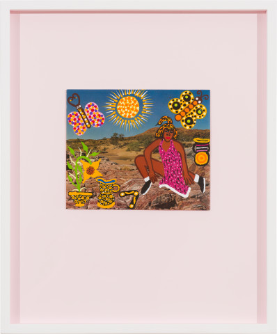 Kaylene Whiskey Kungka on Country, 2022; acrylic on page from found book; 17 x 20.4 cm; 47 x 39 cm (framed); enquire