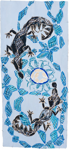 Dhambit Munuŋgurr BiranyBirany, 2021; 4660-21; earth pigments and acrylic on bark; 244 x 110 cm; more info; enquire