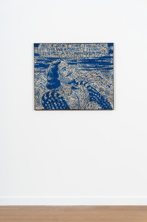 installation view; Daniel Boyd Untitled (WILULTILS), 2025; oil, acrylic and archival glue on paper mounted to canvas; 76.5 x 92 cm; enquire