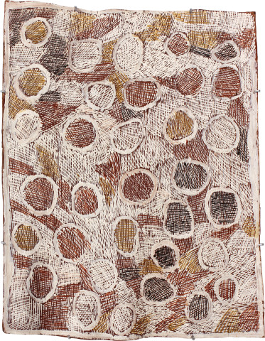 Nyapanyapa Yunupiŋu Coloured Circles, 2011; 4088H; natural earth pigments on bark; 83 x 63 cm; enquire