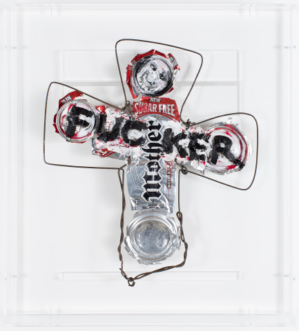 Fiona Hall zero sum, 2017; aluminum can, tin, wire, paint; 39.5 x 35.5 x 7 cm; enquire