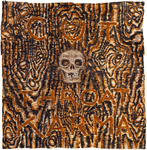 Fiona Hall Cut Throat Karma, 2013; bark cloth with earth pigments and plant dyes; 134 x 127 cm; enquire