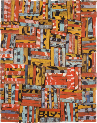 Rosalie Gascoigne Tesserae 1, 1989; sawn / split soft drink crates on plywood; 46.5 x 36 cm; enquire