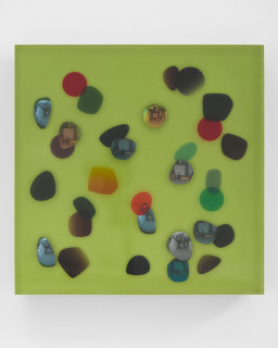 Jim Lambie March 1988, Symphony, 2026; resin, sunglasses lens, birch plywood, paint; 51 x 51 x 5 cm; enquire