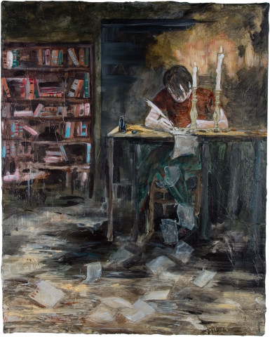 Hernan Bas Mephistopheles, at 17 (writing his black mailings), 2007; mixed media on linen; 50.8 x 40.6 cm; enquire
