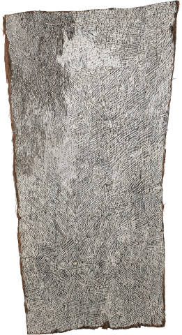 Nyapanyapa Yunupiŋu Black Corner, 2015; 4885C; Bark painting; 126 x 64 cm; enquire