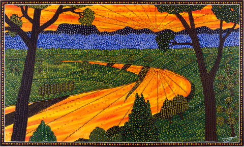 Robert Campbell Jnr Sunset over the Macleay, overlooking Euroka, 1990; acrylic on canvas; 119 x 198.5 cm; enquire