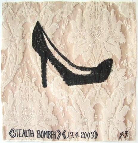 Jacqueline Fraser Stealth Bomber >, 2003; from the series AN ELEGANT PORTRAIT REFINED IN ELEVEN STUDIOUS PARTS >; oil stick on fabric (framed); 32 x 32 cm; enquire