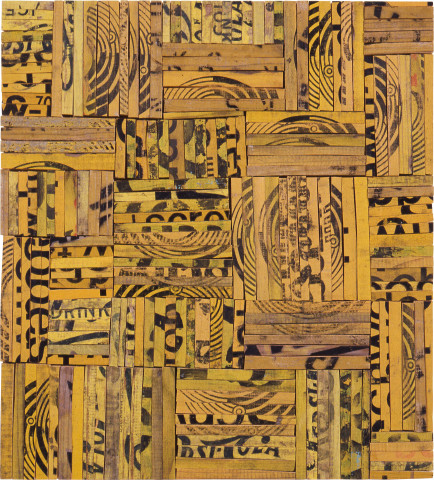 Rosalie Gascoigne Cat Tracks, 1989; sawn / split soft drink crates on plywood; 61 x 55 cm; enquire