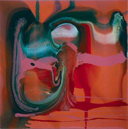 Dale Frank The View of the running Swollen Gulley running between Jew Hill and One Tree Hill at about 6.30 pm driving into the sun., 2004; varnish on acrylic on canvas; 180 x 180 cm; enquire