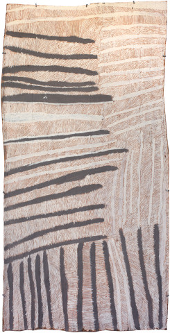 Nyapanyapa Yunupingu Pink and Grey Lines, 2017; 4516-17; natural earth pigments on bark; 174 x 88 cm; Enquire