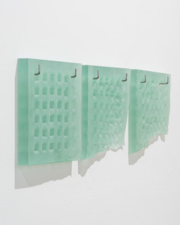 Hilarie Mais ice greens, 2023; slumped glass; 3 parts; 30 x 30 x 3.5cm each; enquire