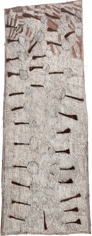 Nyapanyapa Yunupiŋu Trees at Sunset, 2010; 3689J; Natural earth pigments on bark; 175 x 60 cm; enquire