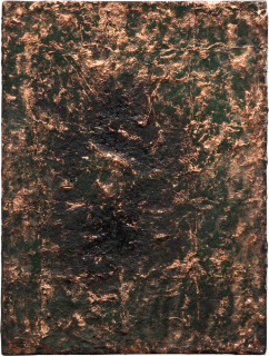 Kirtika Kain Blue Bloods XIV, 2023; copper leaf, glass, acrylic paint, copper paint, rangoli pigment, Holi pigment, tar; 61.5 x 46 cm; more info; enquire