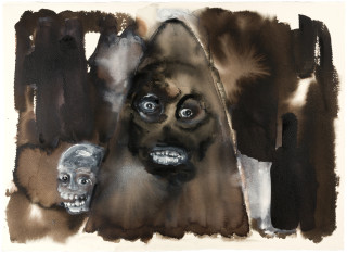 Fiona Hall Caged 4., 2017; Cat no. 55; gouache and tapa dye on rag paper; 57 x 76 cm; enquire