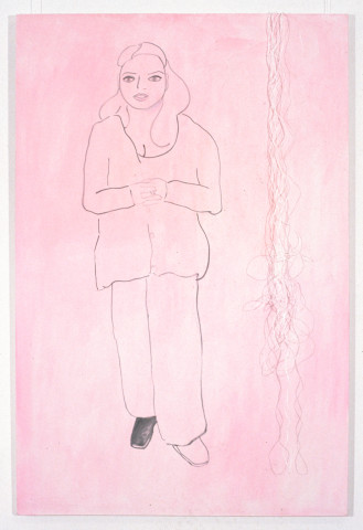 Angela Brennan Portrait of Kathy Temin with one show coloured in, 1994; oil and string on canvas; 183 x 122 cm; enquire