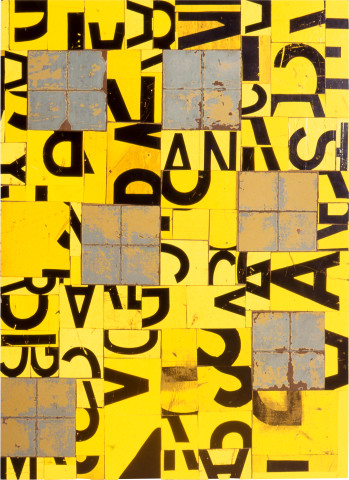 Rosalie Gascoigne Windows, 1999; retro reflective roadsign and linoleum on wood; 121.5 x 89.5 cm; enquire