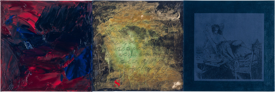 Merilyn Fairskye, Conducting Bodies / She said then, "you love me?", 1987; oil, dry pigment, glass on canvas; tryptich; 91.5 x 274.5 cm