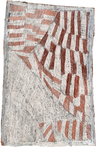 Nyapanyapa Yunupiŋu Pink and White Painting #1, 2009; 3590Z; Natural earth pigments on bark; 112 x 72 cm; enquire